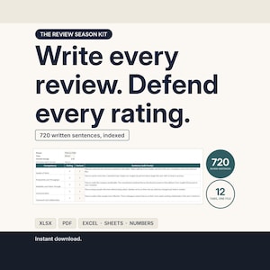 The cover frame for The Review Season Kit, headlined Write every review. Defend every rating. Underneath, a screenshot of the Review Builder tab shows a draft for Marcus Hale with an overall average of 3.92 and one written sentence for each competency. Badges note 720 review sentences, 12 tabs in one file, and that it opens in Excel, Google Sheets and Apple Numbers as an instant download.