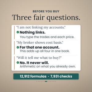 May include: An informational graphic titled BEFORE YOU BUY Three fair questions. It lists three common concerns about account linking, cost basis, and investment advice, each with a direct answer. At the bottom, a dark green bar displays 12,912 formulas and 7,931 checks.