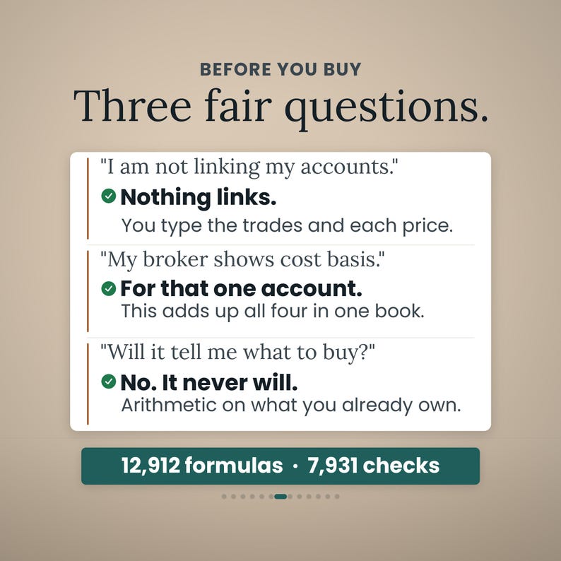 May include: An informational graphic titled BEFORE YOU BUY Three fair questions. It lists three common concerns about account linking, cost basis, and investment advice, each with a direct answer. At the bottom, a dark green bar displays 12,912 formulas and 7,931 checks.