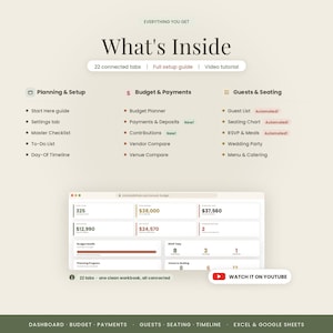 Peut inclure: Une interface de tableau de bord pour organisateur de mariage num&eacute;rique avec des sections pour la planification, le budget, les paiements, les invit&eacute;s et le placement. Inclut 22 onglets connect&eacute;s, un suivi budg&eacute;taire et un tutoriel vid&eacute;o.