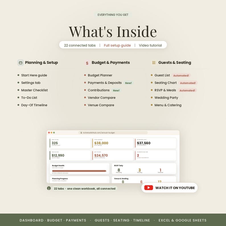 Peut inclure: Une interface de tableau de bord pour organisateur de mariage num&eacute;rique avec des sections pour la planification, le budget, les paiements, les invit&eacute;s et le placement. Inclut 22 onglets connect&eacute;s, un suivi budg&eacute;taire et un tutoriel vid&eacute;o.