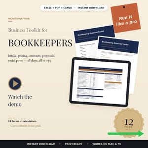 May include: A digital business toolkit for bookkeepers featuring Excel, PDF, and Canva files. The display shows a tablet with a pricing calculator, two document pages, and text including "Business Toolkit for BOOKKEEPERS" and "12 FILES".