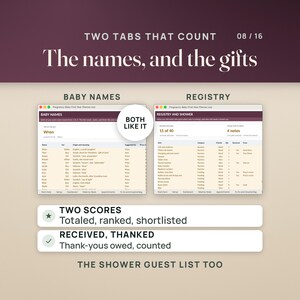 May include: A digital pregnancy planner interface featuring two tabs labeled Baby Names and Registry. The Baby Names tab lists names with origins and meanings. The Registry tab tracks items, categories, priorities, quantities, and thank-you notes.