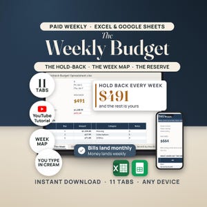 Puede incluir: Una hoja de c&aacute;lculo de presupuesto digital para Excel y Google Sheets titulada The Weekly Budget. Incluye 11 pesta&ntilde;as, un mapa semanal y una reserva. La interfaz muestra datos financieros, un tutorial y compatibilidad m&oacute;vil.