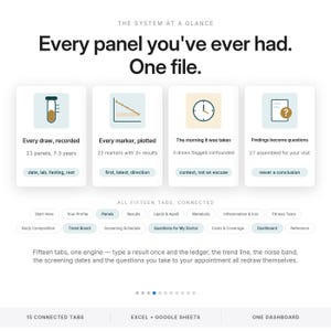 May include: A digital interface display titled The System at a Glance, featuring four informational panels with icons for medical draws, markers, time, and findings. Below, fifteen connected navigation tabs are listed, followed by descriptive text.