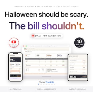 Pode incluir: Um planejador digital de or&ccedil;amento e festas de Halloween para Excel e Google Sheets. A interface exibe um painel com dados financeiros, uma calculadora de doces e o texto: Halloween should be scary. The bill shouldn't. Inclui 10 abas.