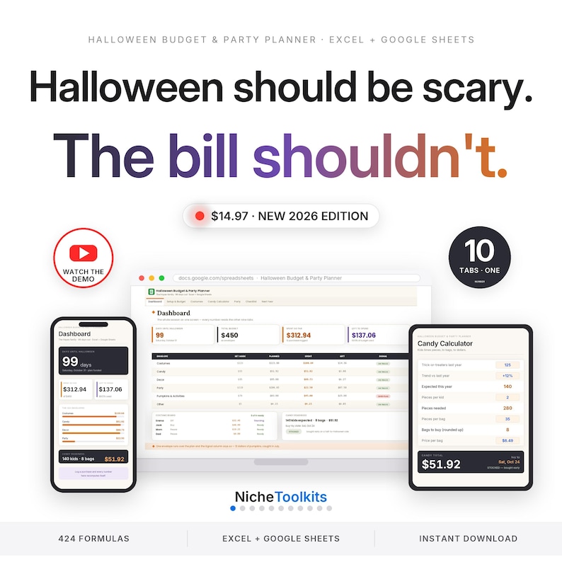 Pode incluir: Um planejador digital de or&ccedil;amento e festas de Halloween para Excel e Google Sheets. A interface exibe um painel com dados financeiros, uma calculadora de doces e o texto: Halloween should be scary. The bill shouldn't. Inclui 10 abas.
