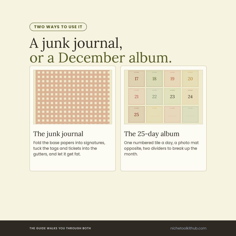 Two-up panel headed 'A junk journal, or a December album.' On the left, a gingham base paper above the caption 'The junk journal: fold the base papers into signatures, tuck the tags and tickets into the gutters, and let it get fat.' On the right, a sheet of numbered day tiles above 'The 25-day album: one numbered tile a day, a photo mat opposite, two dividers to break up the month.' Footer: the guide walks you through both.