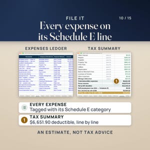 File it: the Expenses ledger, where every expense is tagged with its Schedule E category, beside the Tax Summary, which lists $6,651.90 of deductible expenses line by line. An estimate, not tax advice.