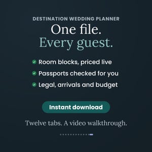 May include: A digital destination wedding planner file with a dark background and white text. It features the headings Destination Wedding Planner, One file. Every guest., and lists room blocks, passports, legal, arrivals, and budget. Includes an Instant download button and Twelve tabs. A video walkthrough. text.