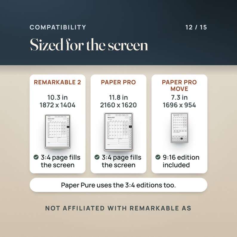 Sized for the screen: reMarkable 2 (10.3 in, 1872 x 1404) and Paper Pro (11.8 in, 2160 x 1620) use the 3:4 editions; Paper Pro Move (7.3 in, 1696 x 954) has its own 9:16 edition. Not affiliated with reMarkable AS.