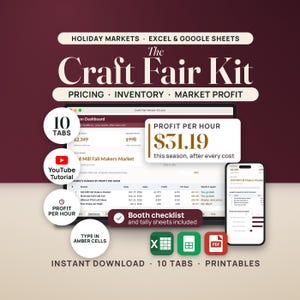 Craft Fair Kit spreadsheet on a laptop and phone: the Season Dashboard with $31.19 profit per hour and markets ranked by profit per hour. 10 tabs, printables and a YouTube video tutorial, for Excel and Google Sheets.