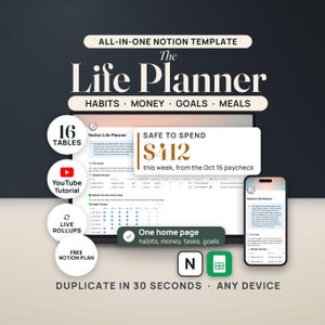 Hero image for The Life Planner, an all-in-one Notion template. A laptop shows the real Notion Life Planner home page with the Weekly Review row for the week of Oct 19: habits 86%, SAFE TO SPEND $412.00, still left $42.40. A callout magnifies SAFE TO SPEND $412 from the Oct 16 paycheck. Seals read 16 tables, YouTube tutorial, live rollups and free Notion plan; a phone shows the same page; Notion and Google Sheets tiles.