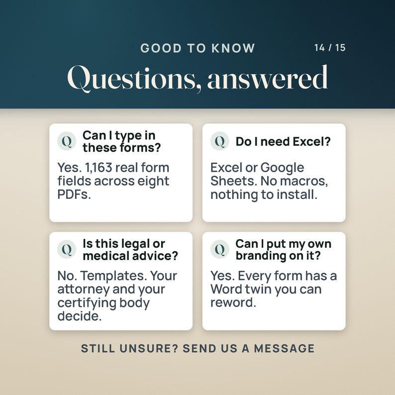 Op de afbeelding: Een informatieve afbeelding met de titel Good to Know, Questions, answered, 14/15. Het bevat vier witte vakken met Q-pictogrammen die de volgende vragen beantwoorden: Kan ik in deze formulieren typen? Ja, 1.163 velden. Heb ik Excel nodig? Nee. Is dit juridisch advies? Nee. Kan ik mijn eigen branding toevoegen? Ja.