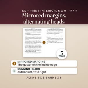 A real two-page spread of the 6 x 9 KDP print interior, pages 2 and 3 of Chapter One: mirrored margins with the wider gutter on the inside edge, the author's name as the running head on the left page and the book title on the right. A seal reads 3 trims; the kit also has 5.5 x 8.5 and 5 x 8.