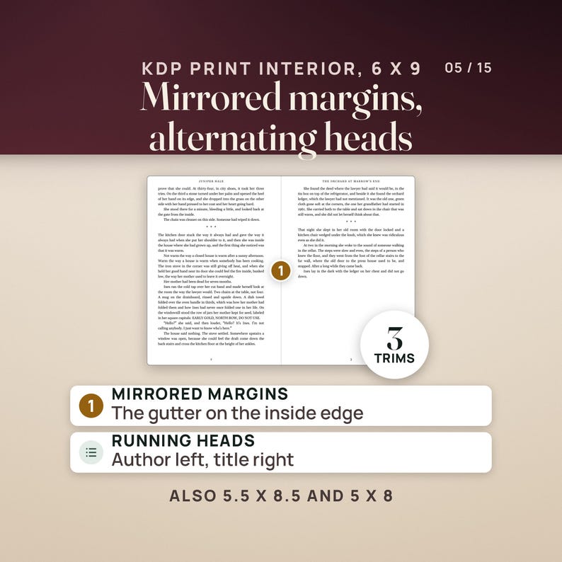 A real two-page spread of the 6 x 9 KDP print interior, pages 2 and 3 of Chapter One: mirrored margins with the wider gutter on the inside edge, the author's name as the running head on the left page and the book title on the right. A seal reads 3 trims; the kit also has 5.5 x 8.5 and 5 x 8.