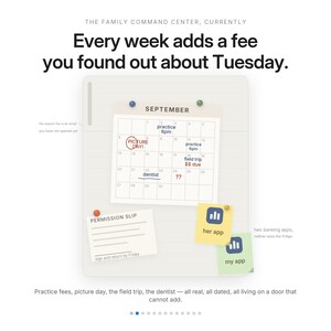 May include: A white magnetic board displays a September calendar with handwritten notes like 'practice 6pm', 'PICTURE DAY!', 'field trip $$ due', and 'dentist'. Two yellow and green sticky notes labeled 'her app' and 'my app' are attached.