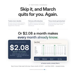 Może przedstawiać: Cyfrowa infografika zatytułowana If Nothing Changes, Skip it, and March quits for you. Again. Przedstawia tabelę budżetową Year Grid, koszt 2,08 USD miesięcznie oraz tekst wyjaśniający planowanie finansowe na lata 2027 i 2028 z dwunastoma wypełnionymi miesiącami.