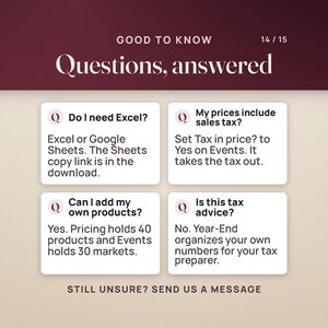 Questions answered: Excel or Google Sheets, prices that include sales tax, room for 40 products and 30 markets, and Year-End totals that are not tax advice.