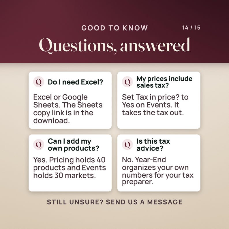 Questions answered: Excel or Google Sheets, prices that include sales tax, room for 40 products and 30 markets, and Year-End totals that are not tax advice.