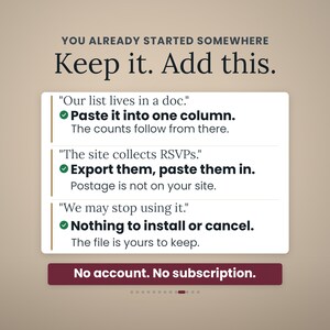 Three migration worries answered on one panel: a list in a document, pasted into one column; a website collecting RSVPs, exported and pasted; stopping later, with nothing to install or cancel. Band: No account. No subscription.