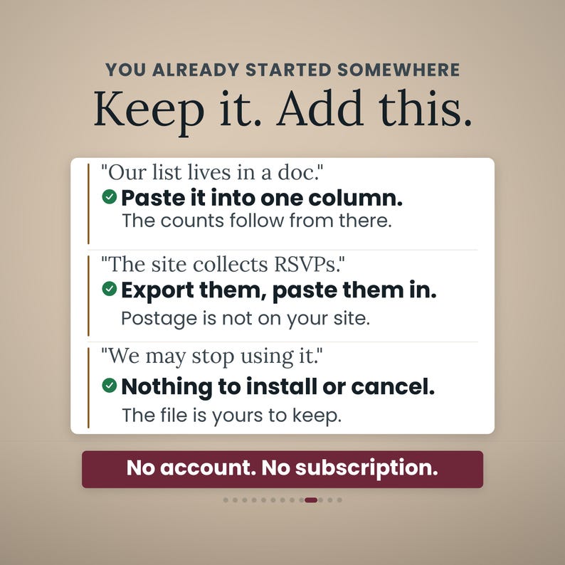 Three migration worries answered on one panel: a list in a document, pasted into one column; a website collecting RSVPs, exported and pasted; stopping later, with nothing to install or cancel. Band: No account. No subscription.