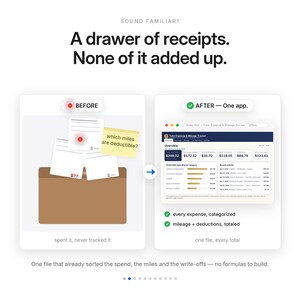May include: A comparison graphic titled Sound Familiar? A drawer of receipts. None of it added up. The left side shows a brown drawer with scattered receipts and a yellow sticky note asking which miles are deductible. The right side shows a digital expense tracker app interface with categorized spending and totals.