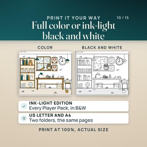 The Workshop Picture page from the Junior Player Pack in full color beside the ink-light black and white edition of the same page. Every Player Pack comes in both, in US Letter and A4 folders with identical pages. Print at 100 percent, actual size.