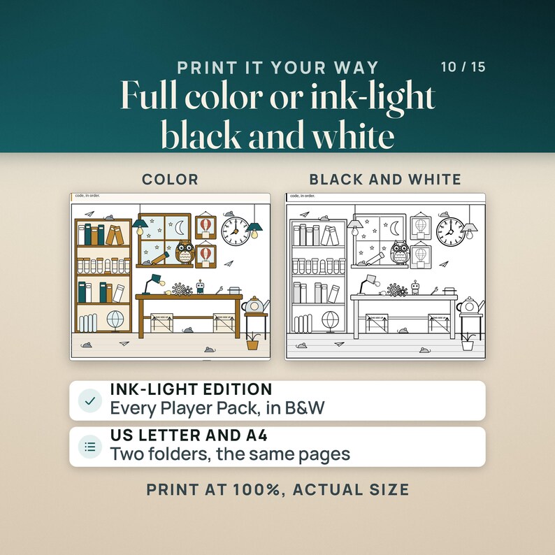 The Workshop Picture page from the Junior Player Pack in full color beside the ink-light black and white edition of the same page. Every Player Pack comes in both, in US Letter and A4 folders with identical pages. Print at 100 percent, actual size.
