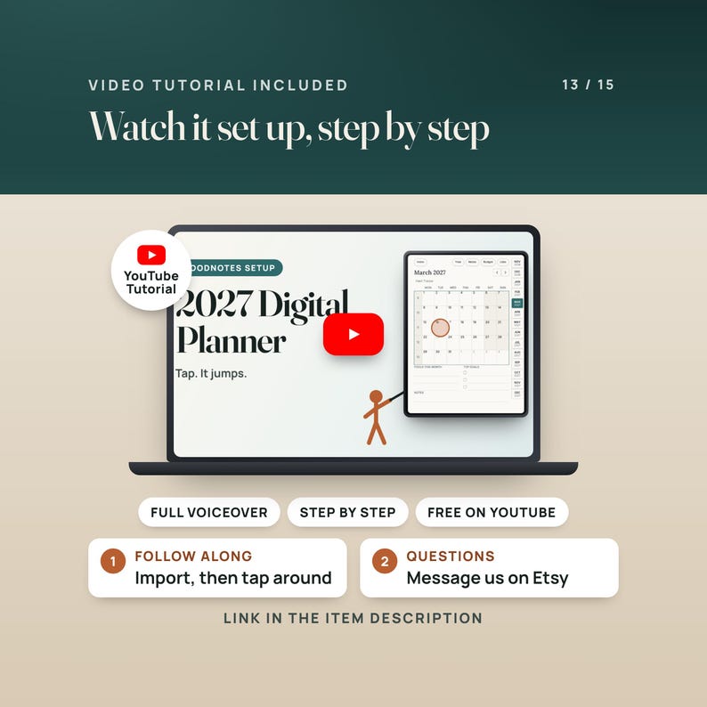 Video tutorial included: a narrated YouTube walkthrough of the real planner shows the import into Goodnotes, the tap path from Index to a day, and the Budget by Paycheck pages. The link is in the item description.