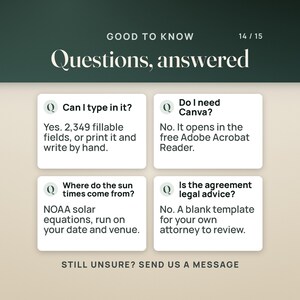 Four questions, answered. Can I type in it? Yes, 2,349 fillable fields, or print it and write by hand. Do I need Canva? No, it opens in the free Adobe Acrobat Reader. Where do the sun times come from? NOAA solar equations, run on your date and venue. Is the agreement legal advice? No, it is a blank template for your own attorney.