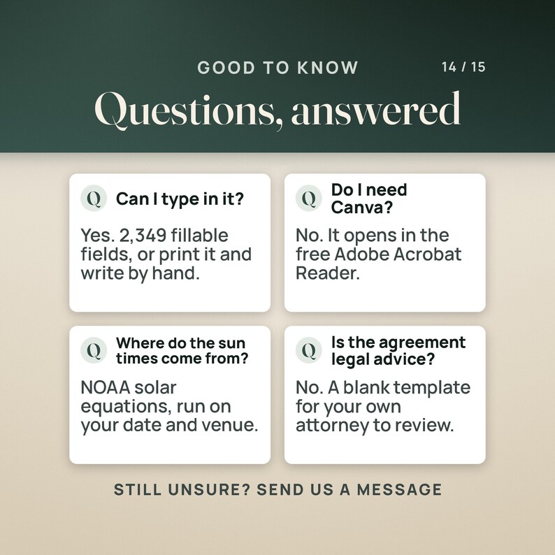 Four questions, answered. Can I type in it? Yes, 2,349 fillable fields, or print it and write by hand. Do I need Canva? No, it opens in the free Adobe Acrobat Reader. Where do the sun times come from? NOAA solar equations, run on your date and venue. Is the agreement legal advice? No, it is a blank template for your own attorney.