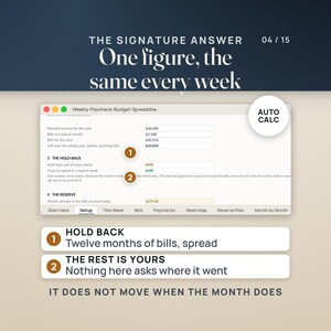 Puede incluir: Una interfaz de hoja de c&aacute;lculo de presupuesto digital titulada Weekly-Paycheck-Budget-Spreadsheet con pesta&ntilde;as para Setup, This Week, Bills, Paychecks, Week Map, Reserve Plan y Month by Month, incluyendo secciones para The Hold-Back y The Reserve.