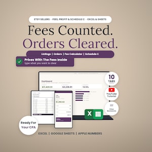 Pode incluir: Uma ferramenta de planilha digital para vendedores Etsy com painel, calculadora de taxas e rastreador de Schedule C. A interface exibe dados financeiros, gr&aacute;ficos e abas para Excel, Google Sheets e Apple Numbers, com texto como Fees Counted. Orders Cleared. e Ready For Your CPA.