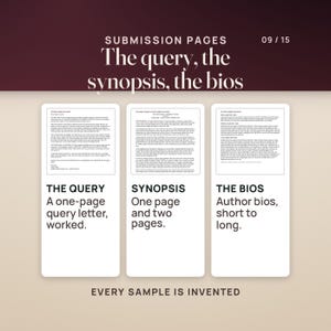 The submission pages as real worked samples: a one-page query letter, a one-page synopsis from the one-page and two-page versions, and short, medium and long author bios. Every sample name, title and comparable book is invented.