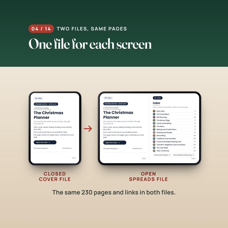 K&ouml;nnte beinhalten: Ein digitaler Weihnachtsplaner auf zwei Bildschirmen, der links eine geschlossene Cover-Datei und rechts eine ge&ouml;ffnete Doppelseiten-Datei mit Index zeigt. Der Text enth&auml;lt 'The Christmas Planner' und '04 / 14 TWO FILES, SAME PAGES'.