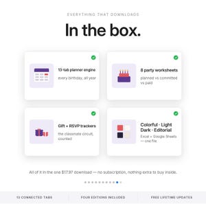 May include: A digital product overview titled In the box. It lists four components: a 13-tab planner engine, 8 party worksheets, gift and RSVP trackers, and colorful light, dark, and editorial themes for Excel and Google Sheets. Includes text about downloads.