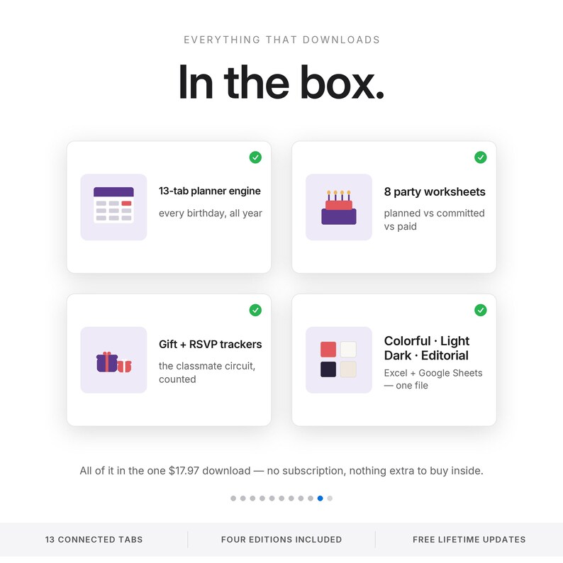 May include: A digital product overview titled In the box. It lists four components: a 13-tab planner engine, 8 party worksheets, gift and RSVP trackers, and colorful light, dark, and editorial themes for Excel and Google Sheets. Includes text about downloads.