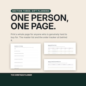 Section three, gift planning, headlined One person, one page. The caption explains you get a whole page for anyone who is genuinely hard to buy for, with the master list and the order tracker sitting behind it. Three page previews are shown.