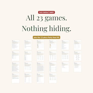 Contact sheet of all 23 game pages in the bundle laid out in a grid, so you can see every game before buying, plus a badge noting the 12-piece Party Host Kit.