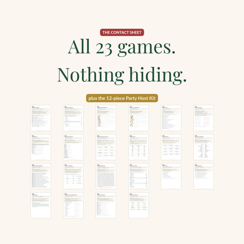Contact sheet of all 23 game pages in the bundle laid out in a grid, so you can see every game before buying, plus a badge noting the 12-piece Party Host Kit.