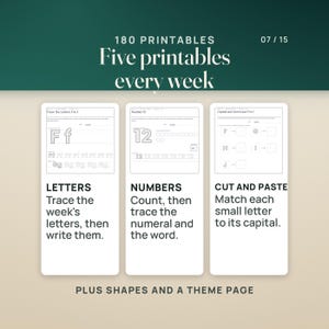 Three of the week 12 printables: trace the letters F to J with a model F and f and dashed rows, number 12 with hexagons to count and the numeral to trace, and a cut and paste page matching small letters to capitals. The caption notes a shape page and a theme page too.