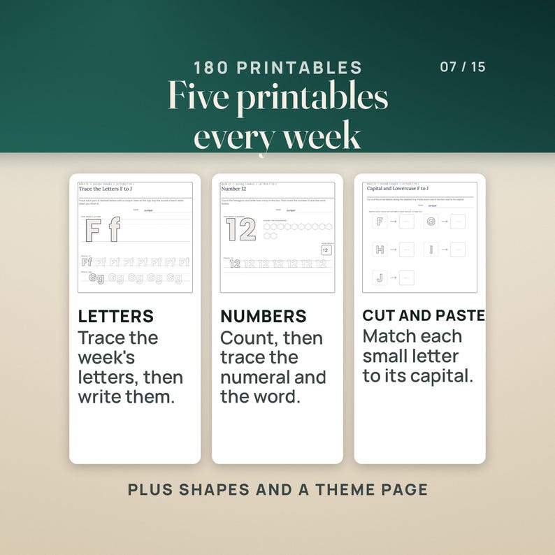 Three of the week 12 printables: trace the letters F to J with a model F and f and dashed rows, number 12 with hexagons to count and the numeral to trace, and a cut and paste page matching small letters to capitals. The caption notes a shape page and a theme page too.