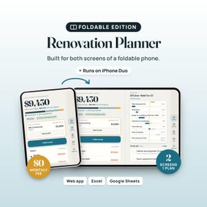 Renovation Budget Planner Web App, Remodel Cost Tracker, Two-Screen Layout, Compatible with iPhone Duo imagen 1