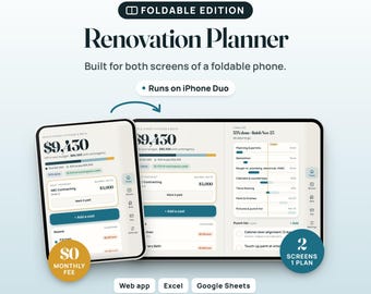 Renovation Budget Planner Web App, Remodel Cost Tracker, Two-Screen Layout, Compatible with iPhone Duo