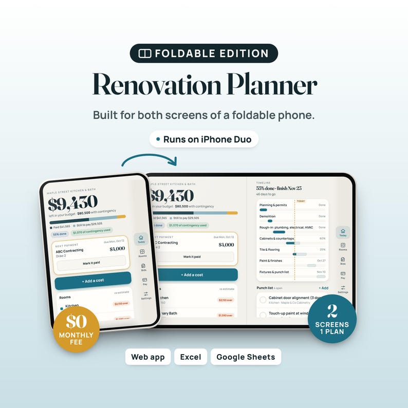Renovation Budget Planner Web App, Remodel Cost Tracker, Two-Screen Layout, Compatible with iPhone Duo imagen 1