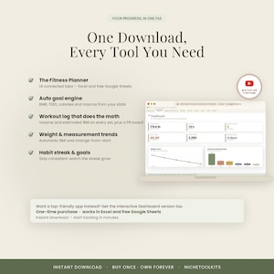 Pu&ograve; includere: Un pianificatore di fitness digitale visualizzato su uno schermo di un portatile, con motore di obiettivi automatico, registro degli allenamenti, tendenze di peso e misure, e tracker delle abitudini con grafici e campi dati per Excel e Google Sheets.