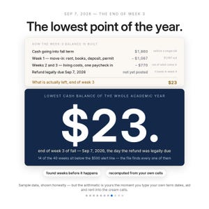 May include: A financial infographic titled The lowest point of the year, dated 7 Sep 2026. It displays a breakdown of a $23 balance, showing cash flow calculations for the autumn term, including rent, books, and deposits, with a dark blue summary box.