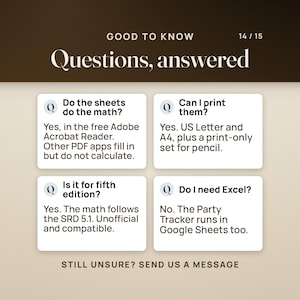 Four questions answered: the sheets do the math in the free Adobe Acrobat Reader, while other PDF apps fill in but do not calculate; they print on US Letter or A4 with a print-only set; the math follows the SRD 5.1, unofficial and compatible; and the Party Tracker runs in Google Sheets too.