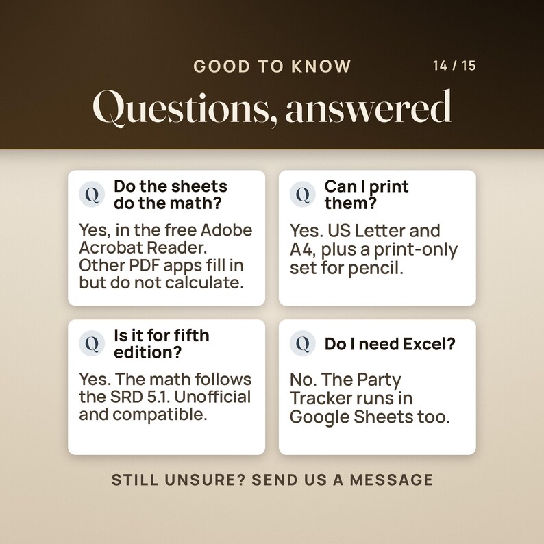 Four questions answered: the sheets do the math in the free Adobe Acrobat Reader, while other PDF apps fill in but do not calculate; they print on US Letter or A4 with a print-only set; the math follows the SRD 5.1, unofficial and compatible; and the Party Tracker runs in Google Sheets too.